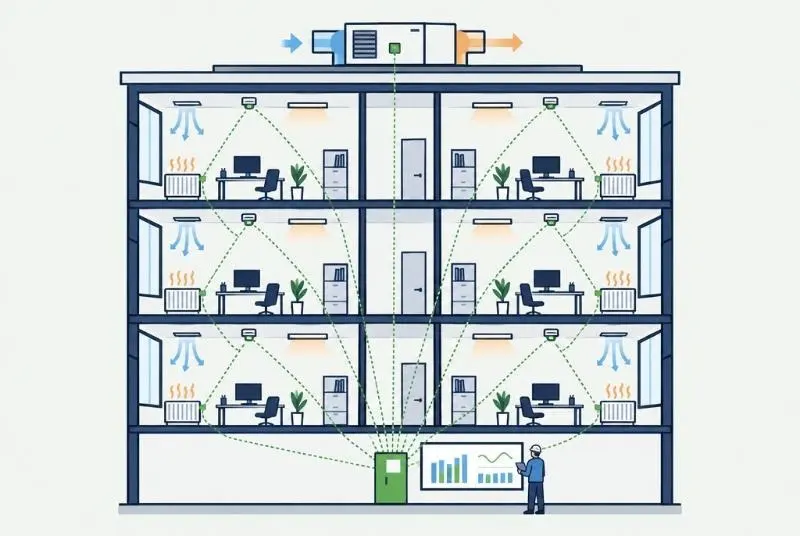 Schéma : dans un immeuble de bureaux, les capteurs, les radiateurs, l’éclairage et la ventilation sont reliés à une armoire de commande et à un écran de supervision.
