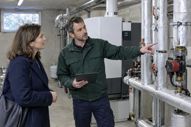 Un technicien, tablette à la main, montre une installation de chaufferie à la responsable du bâtiment.